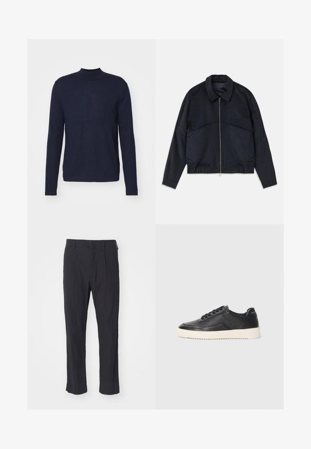 Temno modra jakna s ovratnikom, sprednjim zadrgo in elastičnimi manšetami. Ima dve stranski žep in gladko, teksturirano zasnovo.; Mornarsko modra dolga majica s turtleneck iz mehkega, lahkega materiala. Ima prilegan dizajn z minimalnimi šivi in gladko teksturo.; Črne pliseerane hlače z teksturirano tkanino, ki imajo ravno nogo in standarden pas. Brez vidnih žepov ali dodatkov.; Črne usnjene superge z teksturiranim zaključkom, okroglo konico in ravnim belim gumijastim podplatom. Imajo črne vezalke in označbo na peti.