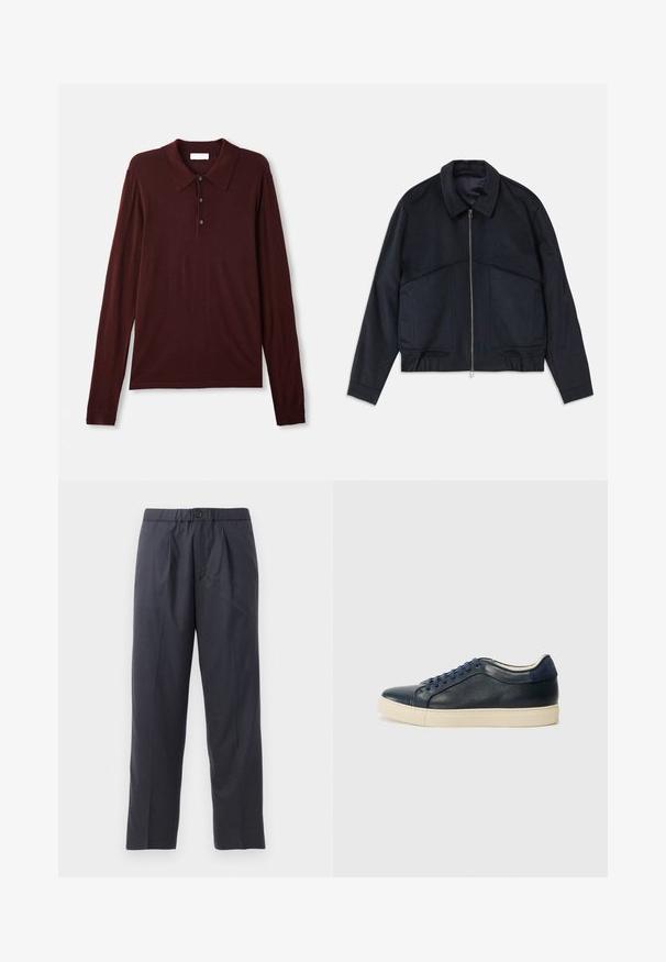 Dunkelmarineblauer Jacke mit Kragen, Frontreißverschluss und elastischen Bündchen. Verfügt über zwei Seitentaschen und ein glattes, strukturiertes Design.; Langärmliges, tiefburgunderfarbenes Poloshirt aus weichem Stoff. Mit klassischem Kragen, dreifacher Knopfleiste und taillierten Bündchen.; Dunkelblaue Hose aus weichem Stoff mit gef alteter Vorderseite und elastischem Bund. Verfügt über einen Knopfverschluss und gerades Bein.; Dunkelblaues Leder-Sneaker mit cremefarbener Gummisohle, ausgestattet mit blauen Schnürsenkeln und einer glatten Textur. Abgerundete Zehenpartie und minimalistisches Design.