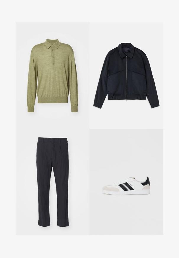 Sötét tengerészkék dzseki, galléros nyakkal, elülső cipzárral és rugalmas mandzsettával. Két oldalsó zsebe van, és sima, textúrált kialakítás jellemzi.; Hosszú ujjú pólóing, tompa olajzöld színben, puha anyagból készült. Klasszikus gallérral és három gombos nyakkal rendelkezik. Bordázott szegély és mandzsetta.; Fekete pliszírozott nadrág textúrált anyagból, egyenes lábbal és standard derékpánttal. Nincsenek látható zsebek vagy fémalkatrészek.; Fehér sneaker fekete csíkokkal, puha bézs velúr kiegészítőkkel és fehér gumitalppal. Fűzős dizájnnal és márkázott logóval az oldalon.