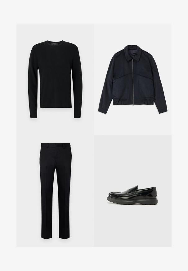 Jachetă de un albastru închis, cu guler, fermoar frontal și manșete elastice. Are două buzunare laterale și un design texturat, neted.; Pulover lung din bumbac negru, cu mâneci lungi, textură striată, gât rotund și mâneci ajustate. Design simplu, fără modele sau accente.; Pantaloni negri dintr-un material neted, cu un design drept, pliuri frontale și brâuri pentru curea la talie. Fără modele sau accente vizibile.; Mocasin din piele neagră cu o finisare lucioasă, vârf rotunjit, detalii de cusătură subtile și o talpă groasă din cauciuc pentru durabilitate.