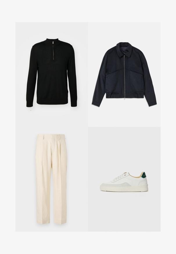 Temno modra jakna s ovratnikom, sprednjim zadrgo in elastičnimi manšetami. Ima dve stranski žep in gladko, teksturirano zasnovo.; Črn pleten pulover z visokim ovratnikom in zadrgo do polovice. Dolgi rokavi in prilega obliko, ima gladko teksturo in minimalne detajle.; NN.07 KAY - Hlače - off white; Bela trenerka z zaključki iz semiša, okroglo konico, ravne vezalke in kremna gumijasta podplata. Ima zeleno blagovno znamko na peti.