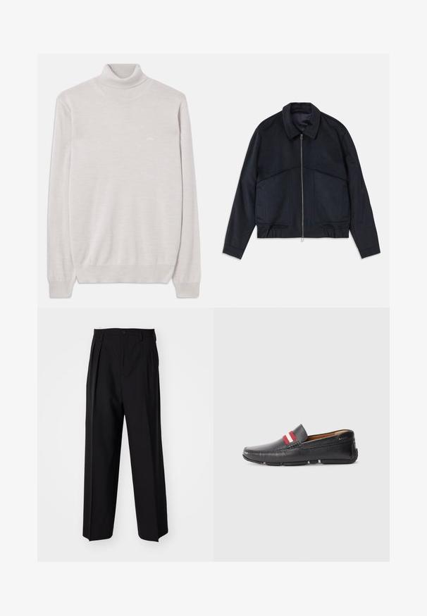 Temno modra jakna s ovratnikom, sprednjim zadrgo in elastičnimi manšetami. Ima dve stranski žep in gladko, teksturirano zasnovo.; Svetar s visokim ovratnikom svijetle bež boje, dugih rukava, s rebrastim manžetama i rubom, napravljen od finog pletenog materijala.; Črne nabirane hlače s ravnim, širokim krojem. Narejene so iz gladkega materiala in imajo zadrgo ter pasne zanke.; Črne usnjene natikače s teksturirano površino, rdeče in bele proge na zgornjem delu, zaobljen toe in gumijast podplat.