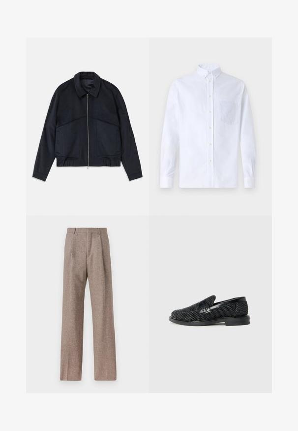 Mørkeblå jakke med krave, frontlynlås og elastiske manchetter. Har to sidelommer og et glat, struktureret design.; Hvid langærmet skjorte med knapper lavet af bomuld, med en brystlomme med tonal broderi, krave og knapmanchetter.; Brune, højtaljede bukser lavet af tekstureret stof. Har brede ben og to frontfoldninger for struktur. Pæn finish uden synlig hardware.; Sort vævet slip-on sko med en glat læderdetalje på overdelen, en rund tådesign og en lavprofil gummisål.