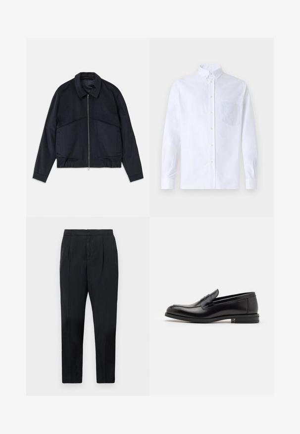 Dark navy jacket with a collared neck, front zipper, and elastic cuffs. Features two side pockets and a smooth, textured design.; White long-sleeve button-up shirt made of cotton, featuring a chest pocket with tonal embroidery, a collar, and button cuffs.; Black trousers with a slim fit, featuring side pleats, a smooth texture, and an elastic waistband. No visible pockets or patterns.; Black leather loafers with a smooth texture, rounded toe, and a decorative strap across the vamp. Low stacked heel, minimalist design.