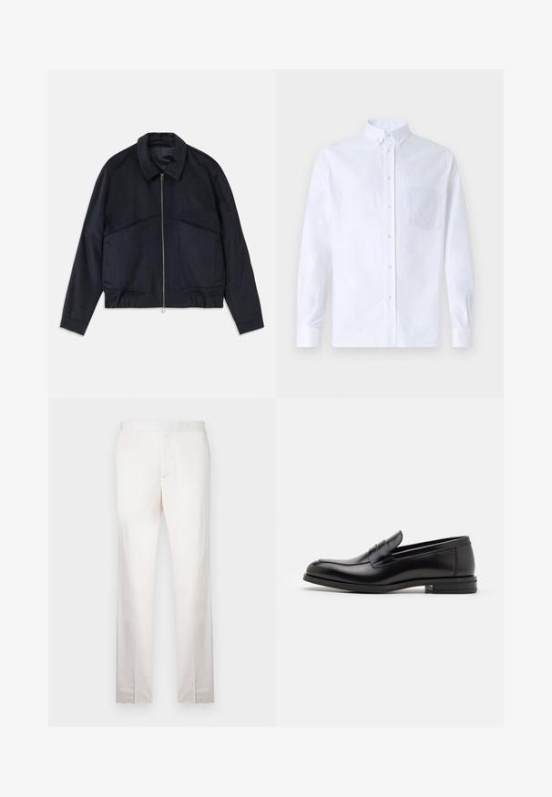 Dark navy jacket with a collared neck, front zipper, and elastic cuffs. Features two side pockets and a smooth, textured design.; White long-sleeve button-up shirt made of cotton, featuring a chest pocket with tonal embroidery, a collar, and button cuffs.; Light beige tailored trousers with a smooth texture, straight legs, a flat front, and minimal stitching detail. No visible pockets.; Black leather loafers with a smooth texture, rounded toe, and a decorative strap across the vamp. Low stacked heel, minimalist design.