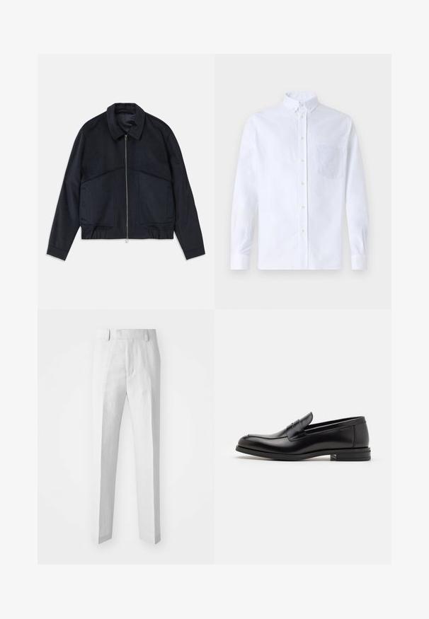 Dark navy jacket with a collared neck, front zipper, and elastic cuffs. Features two side pockets and a smooth, textured design.; White long-sleeve button-up shirt made of cotton, featuring a chest pocket with tonal embroidery, a collar, and button cuffs.; Light gray, tailored trousers made from linen blend; features a flat front, straight leg, and belt loops. Minimalist design, no visible embellishments.; Black leather loafers with a smooth texture, rounded toe, and a decorative strap across the vamp. Low stacked heel, minimalist design.