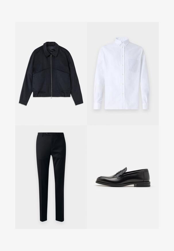 Jachetă de un albastru închis, cu guler, fermoar frontal și manșete elastice. Are două buzunare laterale și un design texturat, neted.; Cămașă albă cu mânecă lungă, din bumbac, prevăzută cu un buzunar pe piept cu broderie tonală, guler și manșete cu buton.; Pantaloni negri din material fin, cu design tapered, închidere cu un singur nasture și buzunare laterale pentru utilitate.; Mocasini din piele neagră cu o textură netedă, vârf rotund și o curea decorativă peste partea superioară. Toc mic, design minimalist.