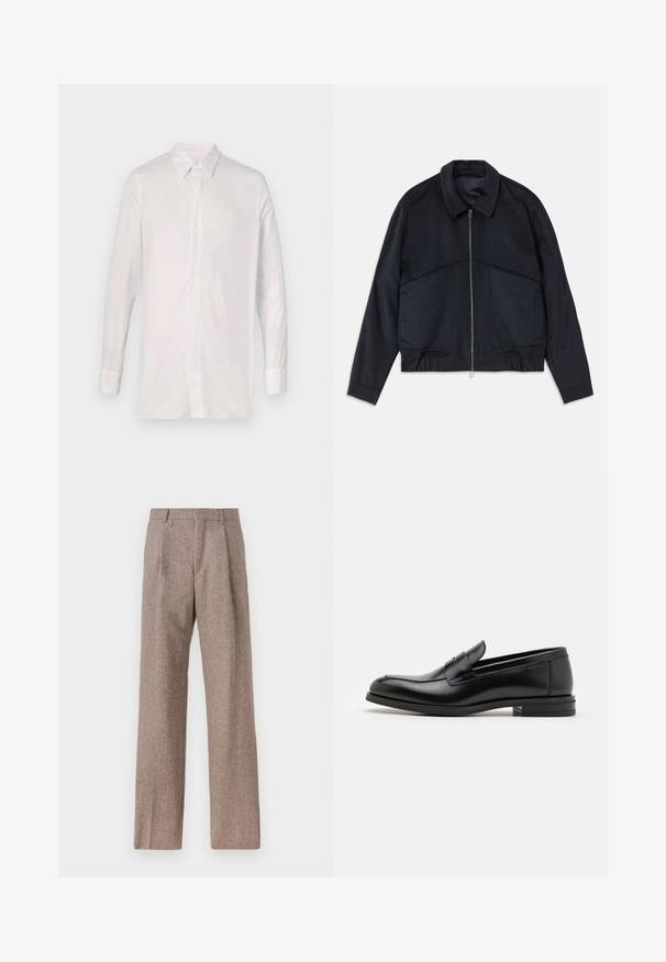 Donkerblauwe jas met een kraag, een ritssluiting aan de voorkant en elastische manchetten. Bevat twee zijzakken en heeft een gladde, gestructureerde uitstraling.; Wit overhemd met lange mouwen, gemaakt van een soepele stof. Voorzien van een klassieke kraag, knopen aan de voorkant en manchetmouwen met minimale detaillering.; Bruine, hooggewaisted broeken van een gestructureerde stof. Heeft wijde benen en twee voorplooien voor extra structuur. Net afgewerkt zonder zichtbare hardware.; Zwarte leren instappers met een gladde textuur, ronde neus en een decoratieve band over de wreef. Lage, gestapelde hak en minimalistisch ontwerp.