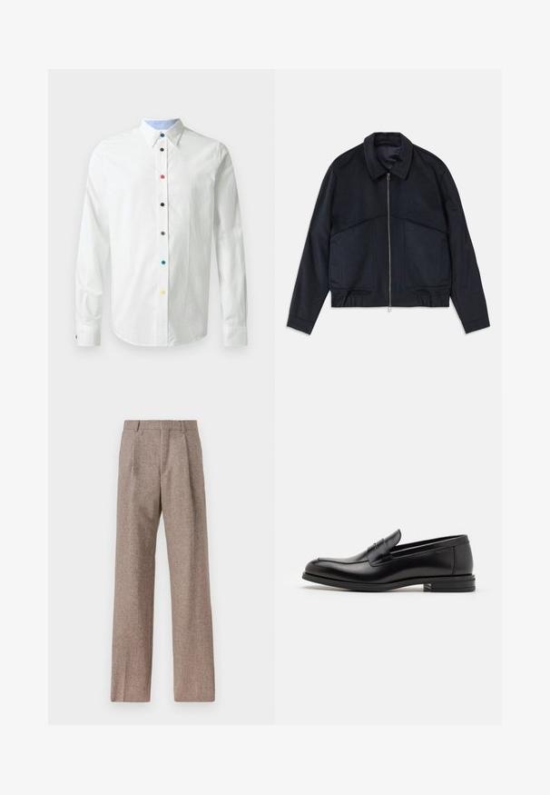 Sötét tengerészkék dzseki, galléros nyakkal, elülső cipzárral és rugalmas mandzsettával. Két oldalsó zsebe van, és sima, textúrált kialakítás jellemzi.; Fehér, hosszú ujjú ing, gombos gallérral, amelynek elején színes gombok találhatók, és világoskék bélés díszíti a gallért.; Barna, magas derekú nadrág texturált anyagból. Széles szárai és két elülső redője biztosítja a struktúrát. Ízléses kivitel, látható fémszerelés nélkül.; Fekete bőr loaferek sima textúrával, kerek orral és dekoratív pánttal a vampnál. Alacsony, rétegelt sarkú, minimalista dizájn.