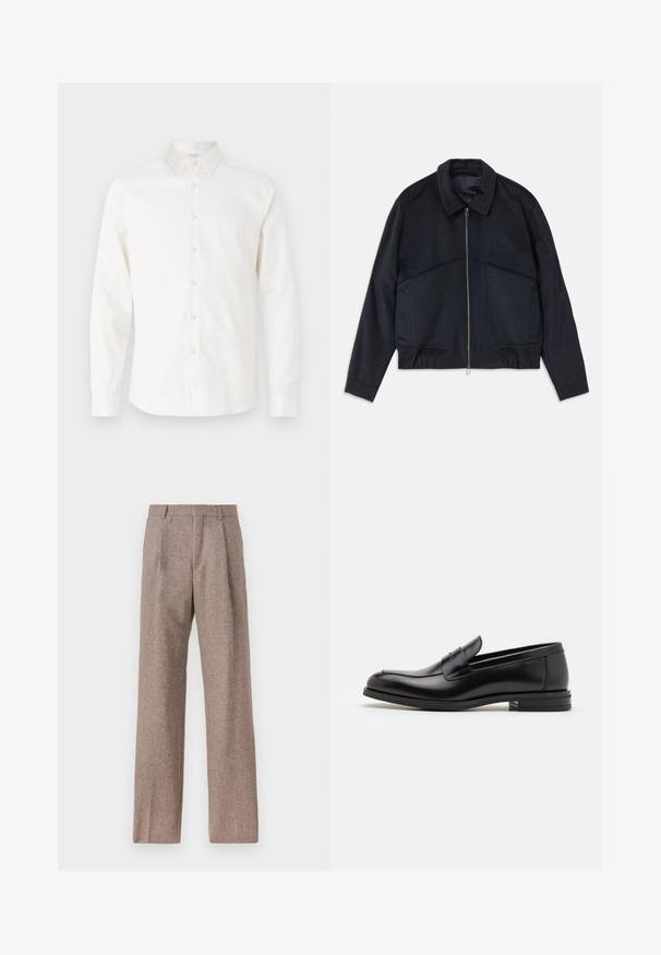 Casaco azul escuro com gola, fecho frontal e punhos elásticos. Apresenta dois bolsos laterais e um design suave e texturizado.; Tiger of Sweden FILBRODIE - Camisa - soft beige; Calças castanhas de cintura alta feitas de tecido texturado. Apresentam pernas largas e duas pregas frontais para estrutura. Acabamento cuidadoso sem hardware visível.; Mocassins de couro preto com uma textura suave, bico arredondado e uma faixa decorativa sobre o peito do pé. Salto baixo e empilhado, design minimalista.