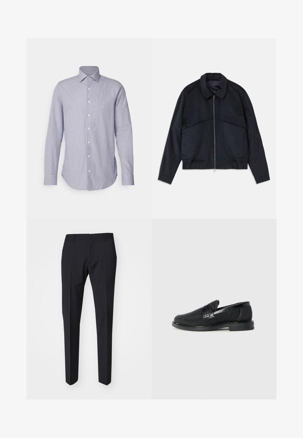 Donkerblauwe jas met een kraag, een ritssluiting aan de voorkant en elastische manchetten. Bevat twee zijzakken en heeft een gladde, gestructureerde uitstraling.; Lichtblauw en wit gestreept overhemd met lange mouwen, een button-down kraag, knopen aan de voorkant en een gebogen zoom. Zachte stoftextuur.; Donkerblauwe broek met een slim fit. Gemaakt van een gladde, gestructureerde stof, met een vlakke voorkant, riemlussen en zijzakken.; Zwartegeweven instap schoenen met een glad leren accent aan de bovenkant, een ronde neusontwerp en een laag profiel rubberen zool.