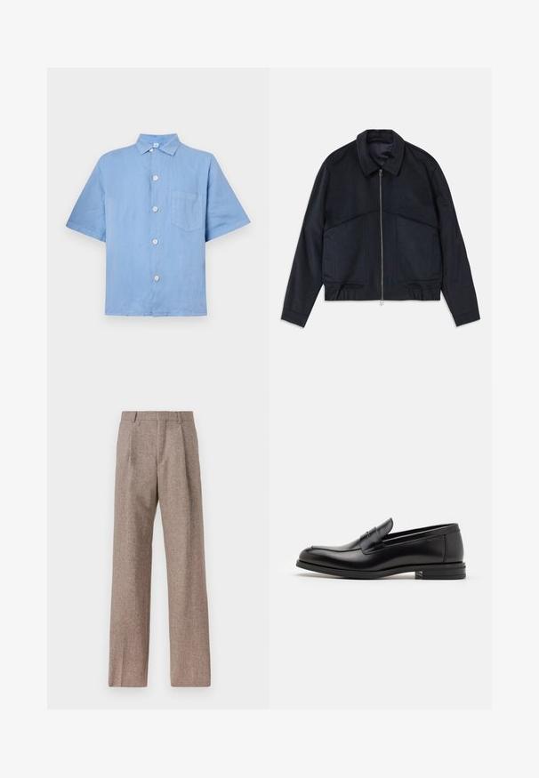 Dunkelmarineblauer Jacke mit Kragen, Frontreißverschluss und elastischen Bündchen. Verfügt über zwei Seitentaschen und ein glattes, strukturiertes Design.; Himmelblaues Kurzarmhemd aus Leinen mit Knopfverschluss, spitzem Kragen und einer Brusttasche. Glatte Textur.; Braune, hochtaillierte Hose aus strukturiertem Stoff. Mit weitem Bein und zwei vorderen Bügelfalten für zusätzliche Form. Saubere Verarbeitung ohne sichtbare Hardware.; Schwarze Lederloafers mit glatter Textur, rundem Zehenbereich und einem dekorativen Riemen über dem Vorderfuß. Niedriger, gestapelter Absatz, minimalistisches Design.