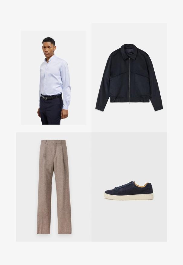 Giacca blu navy scura con colletto, zip frontale e polsini elasticizzati. Presenta due tasche laterali e un design liscio e strutturato.; Camicia azzurra a maniche lunghe con colletto rialzato, chiusura a bottoni e texture liscia, abbinata a pantaloni scuri e una cintura nera.; Pantaloni marroni a vita alta realizzati in tessuto testurizzato. Presentano gambe ampie e due pieghe frontali per struttura. Rifinitura curata senza hardware visibile.; Sneaker bassa in suede blu navy con punta tondeggiante, suola in gomma bianca sporca e lacci abbinati; presenta un rivestimento interno a contrasto in tonalità tan.