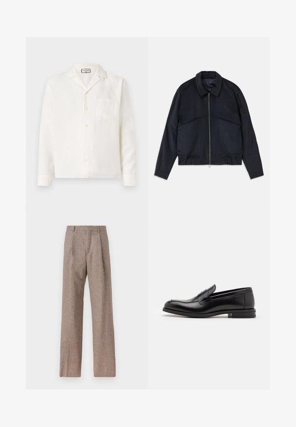 Veste bleu marine foncé avec un col, fermeture éclair sur le devant et poignets élastiques. Elle possède deux poches latérales et un design lisse et texturé.; Chemise blanche à manches courtes en tissu léger. Dotée d'un col à pointes, d'une fermeture à boutons et d'une poche poitrine. Texture lisse, design décontracté.; Pantalons marron taille haute en tissu texturé. Présente des jambes larges et deux plis avant pour la structure. Finition soignée sans matériel visible.; Mocassins en cuir noir avec une texture lisse, bout rond et une sangle décorative sur le dessus. Talon bas empilé, design minimaliste.