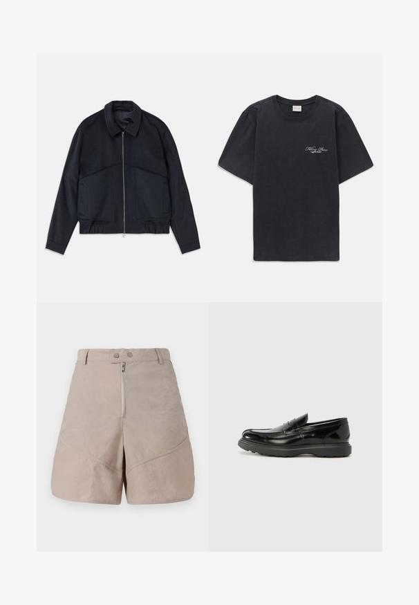 Casaco azul escuro com gola, fecho frontal e punhos elásticos. Apresenta dois bolsos laterais e um design suave e texturizado.; T-shirt preta de manga curta, com decote redondo e pequeno logótipo branco "Filling Pieces" no lado esquerdo do peito.; Calções bege com um tecido liso e texturizado. Apresentam um fecho na frente com zíper, duas fechos de botão e detalhes em costura diagonal.; Mocassim de couro preto com acabamento brilhante, bico arredondado, detalhes de costura subtil e sola de borracha espessa para durabilidade.