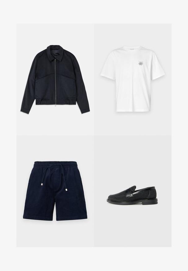 Tummansininen takki, jossa on kauluksellinen kaula, etuvetoketju ja elastiset hihansuut. Siinä on kaksi sivustataskua ja sileä, teksturoitu muotoilu.; Valkoinen puuvillapaita, jossa on lyhyet hihat, pyöreä kaula-aukko ja pieni harmaa logo vasemmassa rintataskussa. Täydellinen sileä rakenne.; Laivaston siniset samettishortsit, joissa on joustava vyötärö, säädettävä nyöri ja kultaiset metalliset päällyshatut. Ominaisuuksiin kuuluu pehmeä rakenne ja suora leikkaus.; Musta kudottu liukupohjallinen kenka, jossa on sileä nahkakorostus päällisessä, pyöreä kärki ja matala kumipohja.