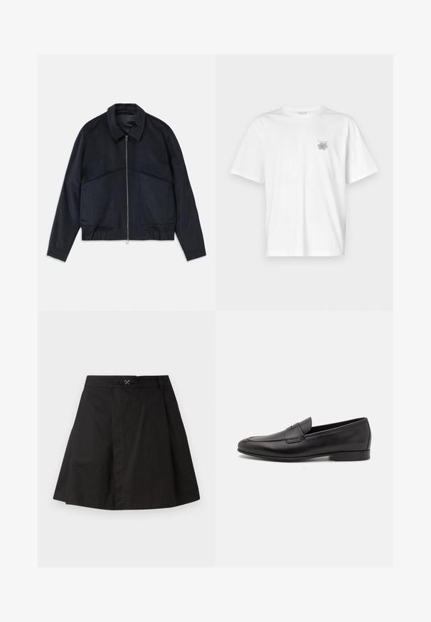 Casaco azul escuro com gola, fecho frontal e punhos elásticos. Apresenta dois bolsos laterais e um design suave e texturizado.; Camisa branca de algodão com mangas curtas, gola redonda e um pequeno logótipo cinza na área do peito esquerdo. Textura suave.; Saia A-line preta em algodão, com um cós com um pequeno destaque metálico, detalhe de pregas e uma linha de bainha limpa.; Sapatilha masculina em couro preto, com salto baixo e um design clássico com tira de moeda, apresentada em perfil lateral sobre um fundo branco.