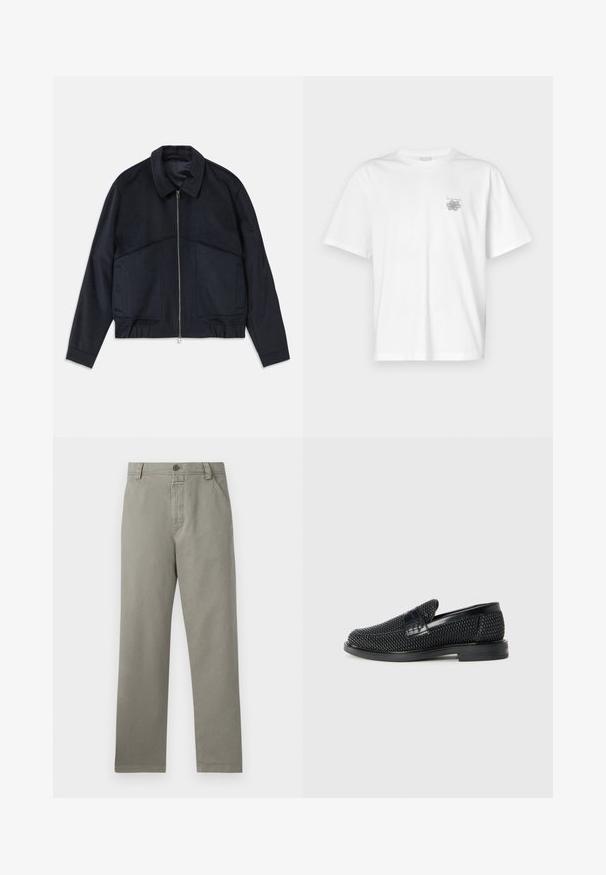 Tumši jūras zila jakas ar apkakli, priekšējo rāvējslēdzēju un elastīgām aprocēm. Tam ir divas sānu kabatas un gluda, teksturēta dizaina.; Baltas kokvilnas T-krekls ar īsām piedurknēm, apaļu dekoltē un mazu pelēku logo kreisajā krūšu daļā. Gluda tekstūra.; Gai pelēki bikses no kokvilnas ar taisnu kāju dizainu, jostas cilpām un vienu pogu aizdari jostasvietā.; Melnas austas slaidu kurpes ar gludu ādas akcentu augšpusē, apaļas formas purngalu un zemas profila gumijas zoli.