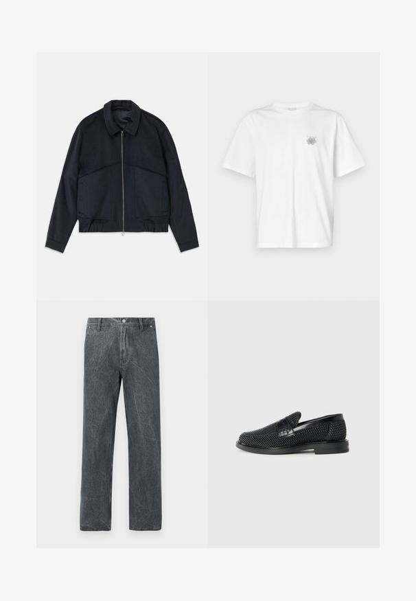 Chaqueta de un oscuro color azul marino con cuello tipo solapa, cremallera frontal y puños elásticos. Cuenta con dos bolsillos laterales y un diseño suave y texturizado.; Camiseta blanca de algodón con mangas cortas, cuello redondo y un pequeño logo gris en el lado izquierdo del pecho. Textura suave.; Evisu WORK PANT WITH DISTRESSED BACK DAICOCK SHAPE - Vaqueros boyfriend - grey; Zapato negro de tejido con un acento de cuero suave en la parte superior, diseño de punta redonda y suela de goma de perfil bajo.