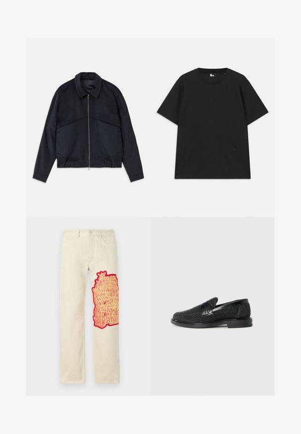 Tummansininen takki, jossa on kauluksellinen kaula, etuvetoketju ja elastiset hihansuut. Siinä on kaksi sivustataskua ja sileä, teksturoitu muotoilu.; Musta lyhythihainen t-paita, joka on valmistettu puuvillasta. Paita on pyöreäkauluksinen ja siinä on pieni logo yksityiskohta helman lähellä. Tasainen pinta, normaali istuvuus.; Beige puuvillahousut, joissa on vasemmassa lahkeessa suuri, tekstuurihohtoinen punainen ja keltainen graafinen kuvio, jossa on tyyliteltyä tekstiä. Suora lahkeinen malli.; Musta kudottu liukupohjallinen kenka, jossa on sileä nahkakorostus päällisessä, pyöreä kärki ja matala kumipohja.