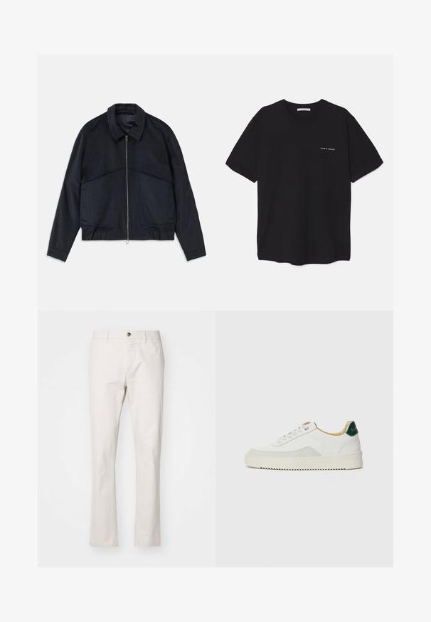 Mørkeblå jakke med krave, frontlynlås og elastiske manchetter. Har to sidelommer og et glat, struktureret design.; Sort bomulds T-shirt med rund hals, korte ærmer og en hvid logo print på venstre bryst. Simpelt, ensfarvet design.; Beige bomuldsblandede bukser med lige snit, der har en frontknaplukning, bæltestropper og minimalistisk design. Glat tekstur.; Hvide sneakers med ruskindsdetaljer, rund tå, flade snørebånd og en cremet gummisål. Har grøn branding på hælen.