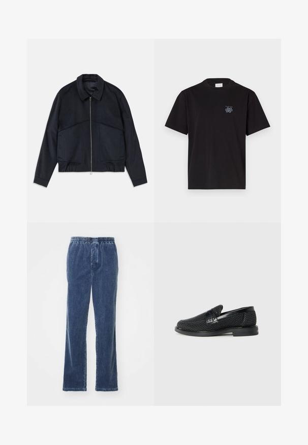 Dark navy jacket with a collared neck, front zipper, and elastic cuffs. Features two side pockets and a smooth, textured design.; Black cotton t-shirt with a crew neck and short sleeves. Features a small blue logo on the left chest. Simple, straight-cut design.; ASPESI PANTALONE - Trousers - denim; Black woven slip-on shoe with a smooth leather accent on the upper, a round toe design, and a low-profile rubber sole.