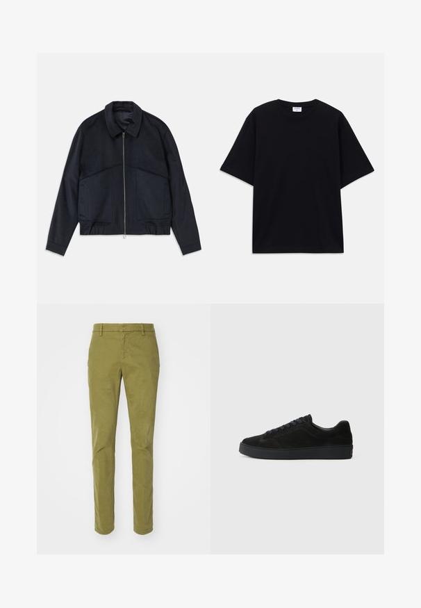 Donkerblauwe jas met een kraag, een ritssluiting aan de voorkant en elastische manchetten. Bevat twee zijzakken en heeft een gladde, gestructureerde uitstraling.; Zwarte oversized T-shirt met korte mouwen en ronde hals, met zichtbaar Filippa K merkelabel aan de binnenkant van de kraag.; Dondup GAUBERT - Chino - olive; Zwarte suède sneakers met een platte, gestructureerde zool, een ronde neus, zes oogjes voor veters en een minimalistisch ontwerp.