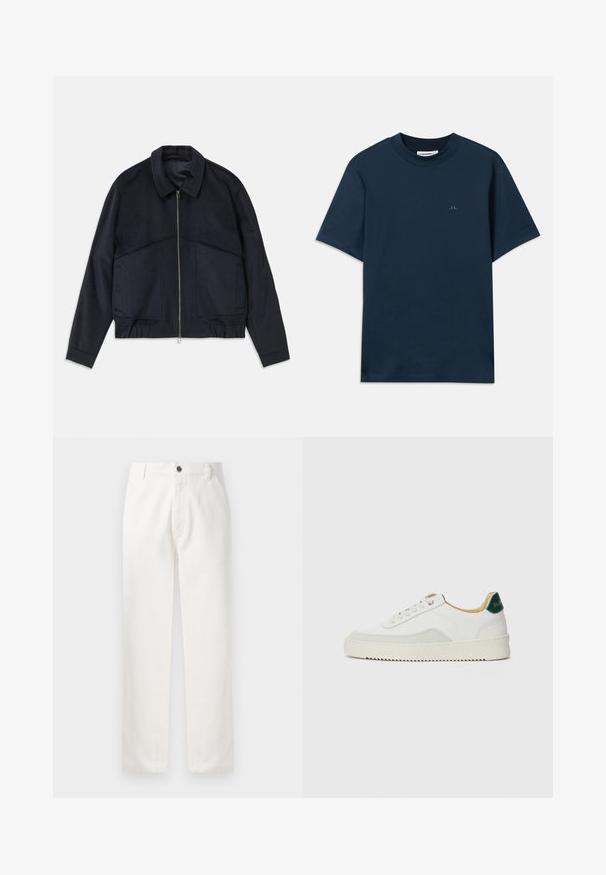 Tamno plava jakna s ovratnikom, prednjim patentnim zatvaračem i elastičnim manžetama. Ima dvije bočne džepove i glatki, teksturirani dizajn.; Tamna plava pamučna majica s okruglim izrezom, kratkim rukavima i suptilnim logotipom otisnutim na prsima. Glatka tekstura i klasičan kroj.; Bijele pamučne hlače s ravnim krojem, prednjim džepovima, metalnim zatvaranjem na dugme i suptilnim šavnim detaljima.; Bijele tenisice s akcentima od antilopa, zaobljenim vrhom, ravnim vezicama i krem gumenim potplatom. Imaju zelenu oznaku na peti.