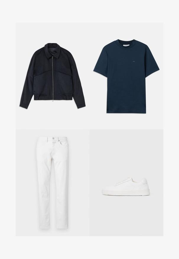 Temno modra jakna s ovratnikom, sprednjim zadrgo in elastičnimi manšetami. Ima dve stranski žep in gladko, teksturirano zasnovo.; Morsko modra bombažna majica s krožnim izrezom, kratkimi rokavi in subtilnim logotipom natisnjenim na prsih. Gladka tekstura in klasičen kroj.; Bele straight-leg kavbojke iz denima, z petimi žepi, z gumbom za zapiranje in klasičnim krojem z minimalno teksturo.; Bela teniska z gladkim usnjenim zgornjim delom, okroglim nosom, vezalkami, teksturiranimi stranskimi poudarki in debelim gumijastim podplatom. Minimalističen dizajn.