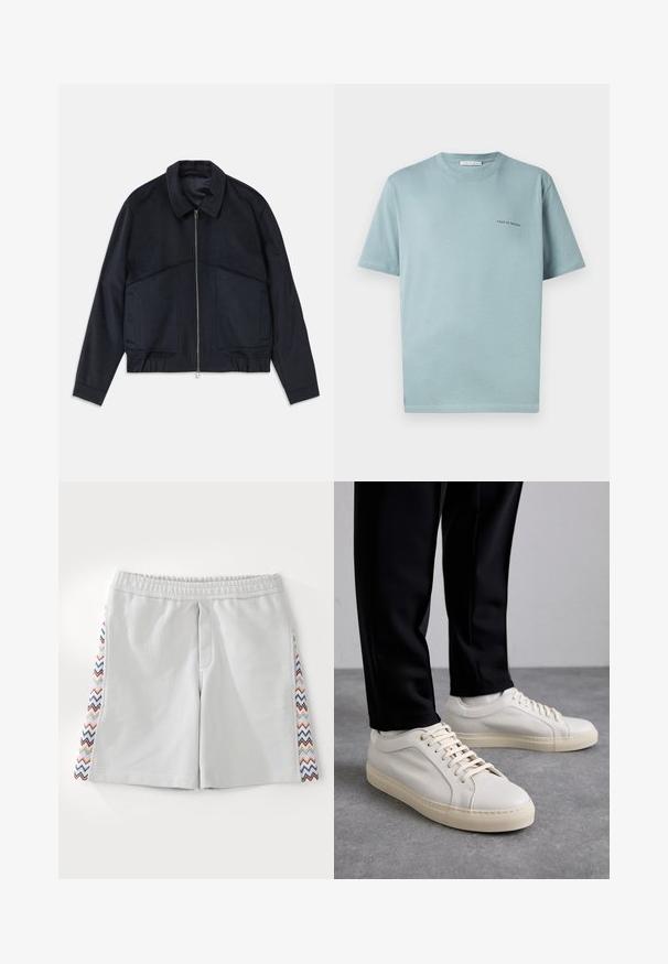 Sötét tengerészkék dzseki, galléros nyakkal, elülső cipzárral és rugalmas mandzsettával. Két oldalsó zsebe van, és sima, textúrált kialakítás jellemzi.; Világoskék pamut póló, kerek nyakkal, rövid ujjakkal, és egy kis "TIGER OF SWEDEN" logóval a bal mellrészen. Sima textúra.; Világosszürke sportnadrág, elasztikus derékkal és színes zig-zag mintával az oldalán. Sima textúra és térd hosszúságú fazon.; Világos bézs bőr sportcipő lapos fűzőkkel, texturált felülettel és kontrasztos krémszínű gumitalppal, fekete irodai nadrággal párosítva.