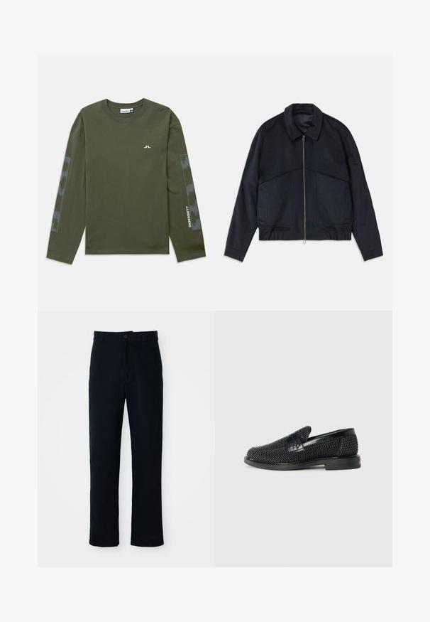 Dunkelmarineblauer Jacke mit Kragen, Frontreißverschluss und elastischen Bündchen. Verfügt über zwei Seitentaschen und ein glattes, strukturiertes Design.; Langärmliges olivgrünes T-Shirt aus Baumwolle, mit einem kleinen weißen Logo auf der Brust und einem gemusterten grauen Akzent auf den Ärmeln.; Dunkelblaue Baumwollhosen mit geradem Bein, einem Frontknopfverschluss und einem klassischen Bund mit Gürtelschlaufen.; Schwarzer geflochtener Slipper mit einem glatten Lederakzent im Obermaterial, einem runden Zehendesign und einer flachen Gummisohle.
