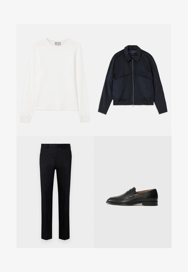 Dunkelmarineblauer Jacke mit Kragen, Frontreißverschluss und elastischen Bündchen. Verfügt über zwei Seitentaschen und ein glattes, strukturiertes Design.; Weißes Langarm-Rippstrickoberteil mit Rundhalsausschnitt und engen Bündchen. Mit einem Etikett mit der Aufschrift "PAUL & JOE" am Kragen.; Schwarze Hose aus glattem Stoff mit geradem Bein, Vorderfalten und Gürtelschlaufen am Bund. Keine sichtbaren Muster oder Akzente.; Schwarze Leder-Slipper mit runder Zehenform, dezenten gestickten Details und niedrigem Absatz, ausgestattet mit glatter Textur und minimalistischem Design.