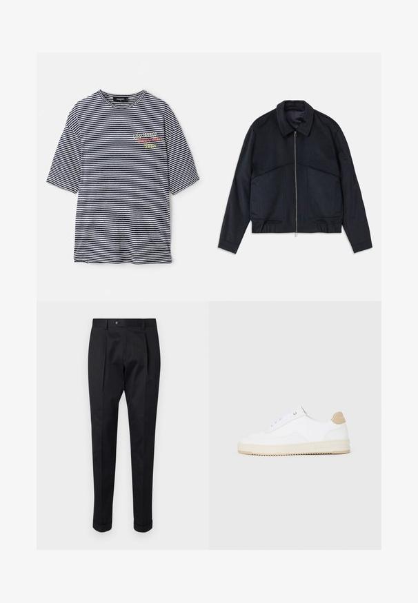 Mörk marinblå jacka med krage, framdragkedja och elastiska ärmslut. Har två sidofickor och en slät, strukturerad design.; Randig t-shirt med horisontella marinblå och vita ränder, korta ärmar, rundad halsringning och flerfärgad broderad text på bröstet.; Svarta byxor i ett glatt tyg, med en veck fram, knappstängning och uppvikta nederkant vid anklarna.; Vita låga sneakers med en texturerad läderöverdel, krämfärgad räfflad sula och en beige häldetalj. Har vita snören och logotypdetalj på hälen.