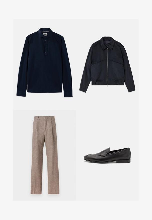 Casaco azul escuro com gola, fecho frontal e punhos elásticos. Apresenta dois bolsos laterais e um design suave e texturizado.; Michael Kors Camisola de manga comprida - navy; Calças castanhas de cintura alta feitas de tecido texturado. Apresentam pernas largas e duas pregas frontais para estrutura. Acabamento cuidadoso sem hardware visível.; Sapatilha masculina em couro preto, com salto baixo e um design clássico com tira de moeda, apresentada em perfil lateral sobre um fundo branco.