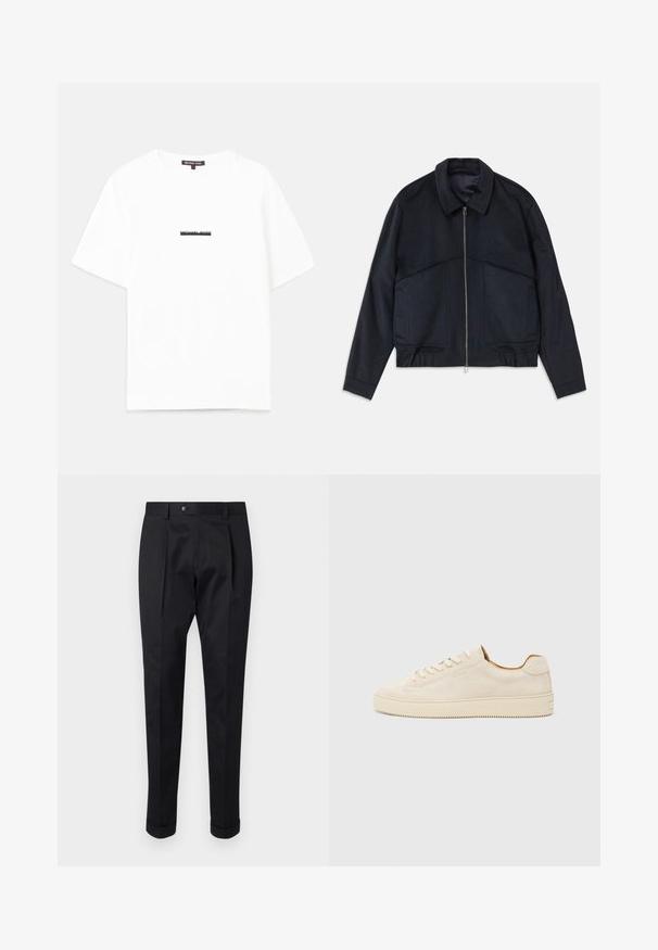 Mörk marinblå jacka med krage, framdragkedja och elastiska ärmslut. Har två sidofickor och en slät, strukturerad design.; Vit bomull t-shirt med avslappnad passform, med korta ärmar och en svart "MICHAEL KORS"-logotyp tryckt över mitten.; Svarta byxor i ett glatt tyg, med en veck fram, knappstängning och uppvikta nederkant vid anklarna.; Beige mockasinsneaker med låg toppdesign, rund tå, platta snören och en texturerad gummisula. Minimalistisk stil utan synliga logotyper.