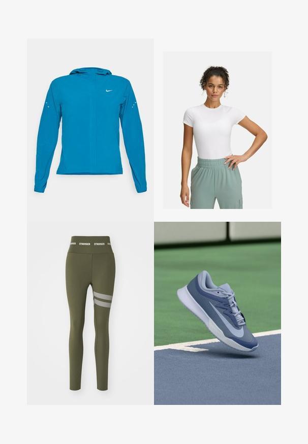 Blauwe lichtgewicht jas met een capuchon, slim fit, lange mouwen en reflecterende accenten. Voorzien van een ritssluiting aan de voorkant en ademend materiaal.; Witte fitted t-shirt met korte mouwen, gecombineerd met lichtgroene broek met elastische tailleband. Gladde textuur, minimalistisch ontwerp en geen zichtbare patronen.; Olijfgroene leggings van rekbaar materiaal, met een hoge tailleband waarop de tekst "STRONGER" staat en drie horizontale mesh-strepen op de dij.; Sport sneaker in lichtblauw en marineblauw, met een gestructureerde bovenkant, platte veters en een lichte witte zool. Verhoogd boven een speelveld.