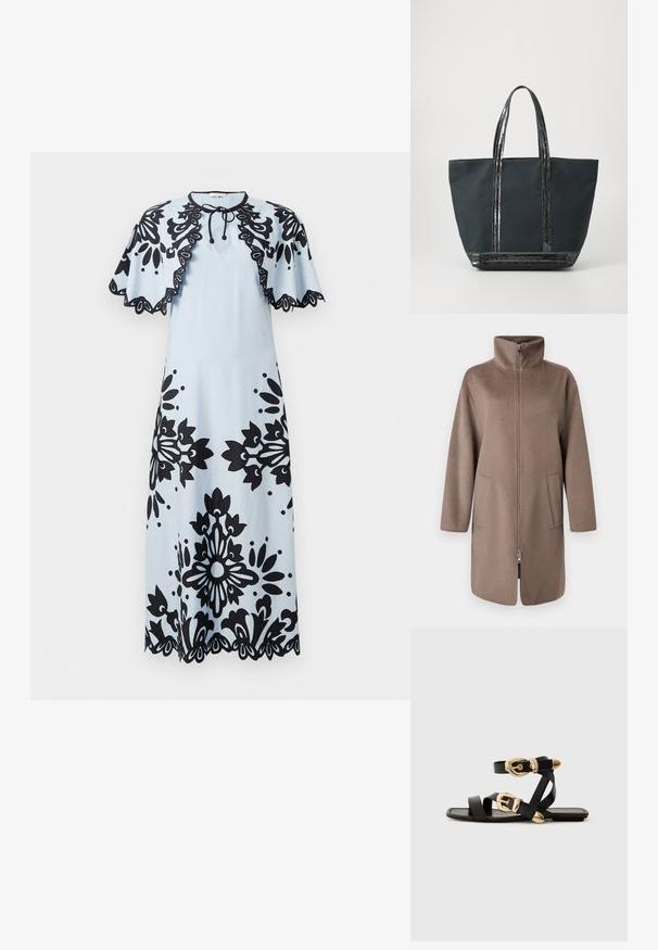 Barna gyapjúkabát magas gallérral, elől cipzárral és két oldalsó zsebbel. Lazább szabású és közepes hosszúságú dizájn jellemzi.; Világoskék ruha fekete virágmintával, rövid kapucnis ujjak, kerek nyakkivágás és fodros szegély. Nyaknál megkötős záródás.; Fekete bőr szandál arany csattal, több hevederrel és lapos talpú dizájnnal, nyitott lábujjú viselethez.; Fekete vászontáska, tartós anyagból készült, fényes flitteres pántokkal és egyszerű, díszítetlen kialakítással. Nyitott teteje van, tágas belső térrel.