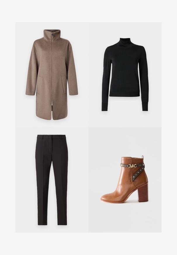 Pruun fliiskatte, millel on kõrge krae, eesne lukuga ja kaks küljetaskut. Omab mugavat lõiget ja keskmise pikkusega disaini.; Mustmusterta mustaga pikkade varrukatega kõrge kaelusega sviiter, millel on ribakudumisega mansetid ja äär, esitatud lihtsal valgel taustal.; Mustad keeratud püksid sirge jala kujundusega, millel on lame ees, vöökoharihmad ja ei mingisuguseid nähtavaid mustreid ega kaunistusi.; Pruun nahkne pahkluu saabas, millel on kõrge plokk konts, külgrihm kullast nänni ja kuldne "MK" logo pandla.