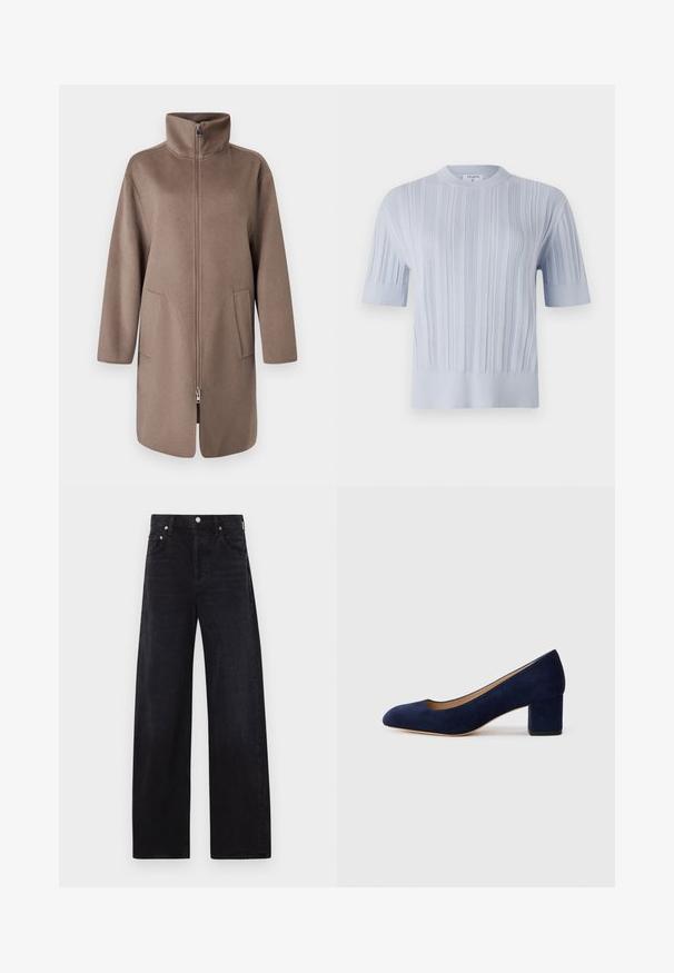 Smeđa vunena jakna s visokim ovratnikom, prednjim patentnim zatvaračem i dva bočna džepa. Ima opušteni kroj i srednju dužinu.; Svijetloplava kratkotrajna pletena majica s kratkim rukavima koja ima vertikalnu rebrastu teksturu i okrugli izrez. Tkanina pokazuje suptilne detalje s uskim rubom.; Crne široke traperice od denima, s visokim strukom, pet džepova i vidljivim srebrnim detaljima.; Tamno plava suede salonka s šiljastim vrhom i blok petom srednje visine. Glatka tekstura s blagim sjajem i malim izrezom sprijeda.
