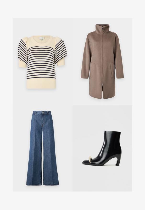 Een bruine fleece jas met een hoge kraag, voorritssluiting en twee zijzakken. Heeft een relaxte pasvorm en een middellange uitstraling.; Crème trui met marineblauwe horizontale strepen. Voorzien van korte pofmouwen en een ronde ribgebreide halslijn. Zachte breigoed.; Wijd flonkerige blauwe denim jeans met een hoge taille, voorzien van klassieke vijf-pocketstijl en een knoopsluiting, gemaakt van gestructureerde katoen.; Zwarte enkelboot van glanzend leer, met een spitse neus en een decoratieve gouden en zilveren accent aan de voorkant. Ontwerp met blokhak.