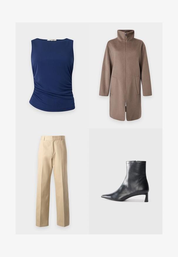 Brown, fleece coat with a high collar, front zipper, and two side pockets. Features a relaxed fit and mid-length design.; Navy blue sleeveless top made of smooth, stretchy fabric. Features gathered side detailing and a rounded hem for a fitted look.; Beige tailored pants with a straight leg design, featuring a smooth texture, central front pleats, and a classic waistband.; Black leather ankle boot with a pointed toe and a sleek design. Features a low heel and a zipper closure at the back. Smooth texture.