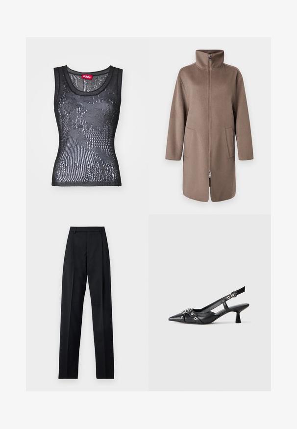 Brun fleece jakke med høj krave, frontlynlås og to sidelommer. Har en afslappet pasform og mid-længde design.; Sort mesh tanktop med rund halsudskæring og et mønster af små huller. Labeledet indeni siger "032c." Materialet virker let og tekstureret.; Sorte bukser lavet af glat stof, der har høj talje, brede ben, frontfolder og klassiske bælteløkker. Ingen synlige sidelommer.; Sort lædersandal med spids tå, dekorative stropper med metaløjer og en lav blokhæl. Struktureret overflade.