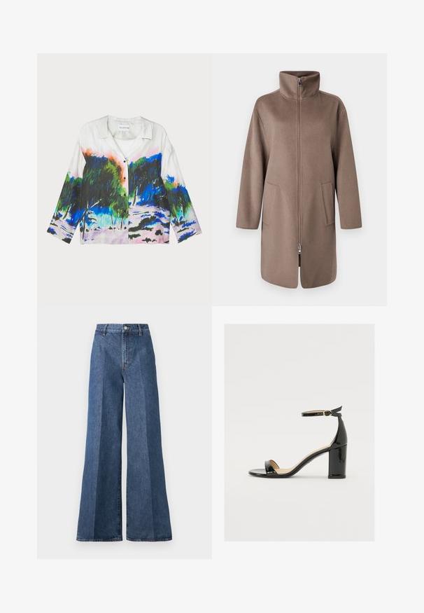 Hnědý fleecový kabát s vysokým límcem, předním zipem a dvěma bočními kapsami. Má uvolněný střih a střední délku.; Košile s krátkým rukávem z bílé tkaniny s živým abstraktním vzorem krajiny v zelených, modrých a růžových barvách; zapínání na knoflíky.; Modré džíny s širokými nohavicemi a vysokým pasem, s klasickým pětikapsovým střihem a knoflíkovým zapínáním, vyrobené z texturované bavlny.; Černé lakované sandály s širokým podpatkem, otevřenou špičkou a řemínkem kolem kotníku se zlatou sponou. Hladký povrch a elegantní design.