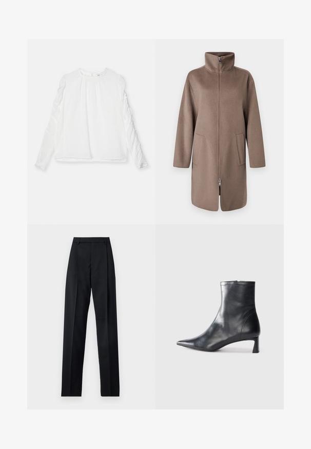 Brown, fleece coat with a high collar, front zipper, and two side pockets. Features a relaxed fit and mid-length design.; White long-sleeve top with a round neckline and gathered detailing on sleeves. Made of lightweight fabric with a flowing fit.; Black trousers made from smooth fabric featuring a high waist, wide legs, front pleats, and classic belt loops. No side pockets visible.; Black leather ankle boot with a pointed toe and a sleek design. Features a low heel and a zipper closure at the back. Smooth texture.