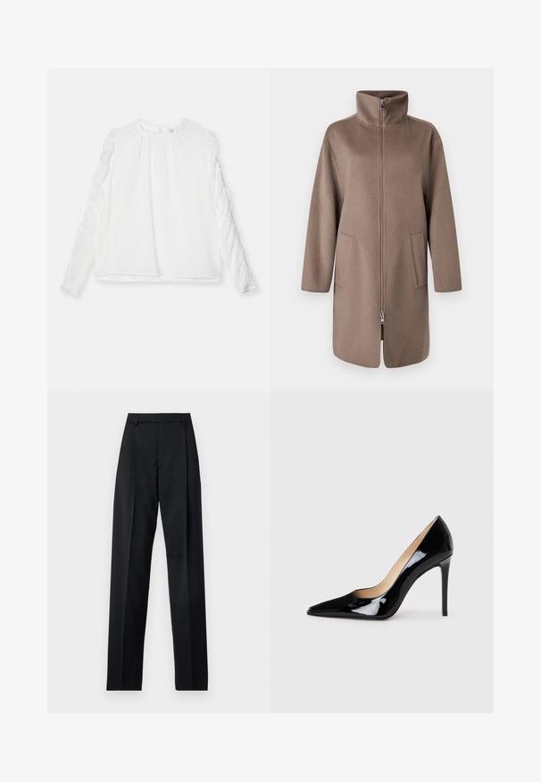 Smeđa vunena jakna s visokim ovratnikom, prednjim patentnim zatvaračem i dva bočna džepa. Ima opušteni kroj i srednju dužinu.; Bijela duga rukavica s okruglim izrezom i naborima na rukavima. Izrađena od laganog materijala s lepršavim krojem.; Crne hlače od glatkog materijala s visokim strukom, širokim nogavicama, prednjim pregibima i klasičnim petljama za remen. Nema vidljivih bočnih džepova.; Crne lakirane kožne štikle s dizajnom ušiljenog nosa i elegantnom siluetom. Imaju glatku, sjajnu završnu obradu i vitak stiletto potplat.