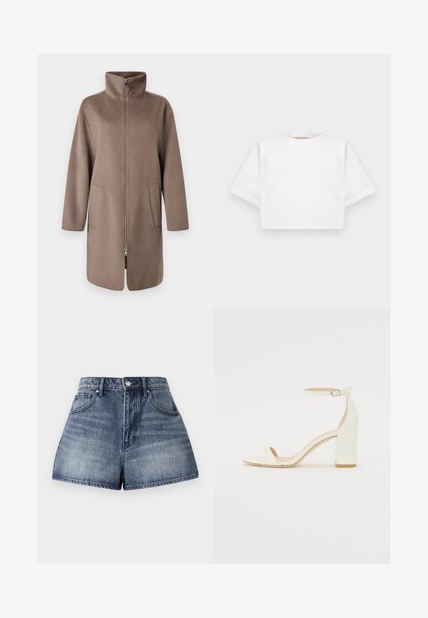 Rjav flis plašč z visokim ovratnikom, sprednjim zadrgo in dvema stranskima žepek. Ima sproščen kroj in srednje dolžino.; Kratka bela majica iz mehkega materiala, s kratkimi rokavi, okroglega izreza in rebrastimi robovi. Preprost in neokrašen dizajn.; Hlače s visokim pasom iz jeansa izdelane iz modro opranega blaga. Imajo pet žepov, sprednjo zaponko in rahlo uničen videz.; Bela usnjena sandala z blok peto, ki ima zanko okoli gležnja s sponko in minimalističen dizajn. Odkrit prst in gladke teksture po vsej površini.