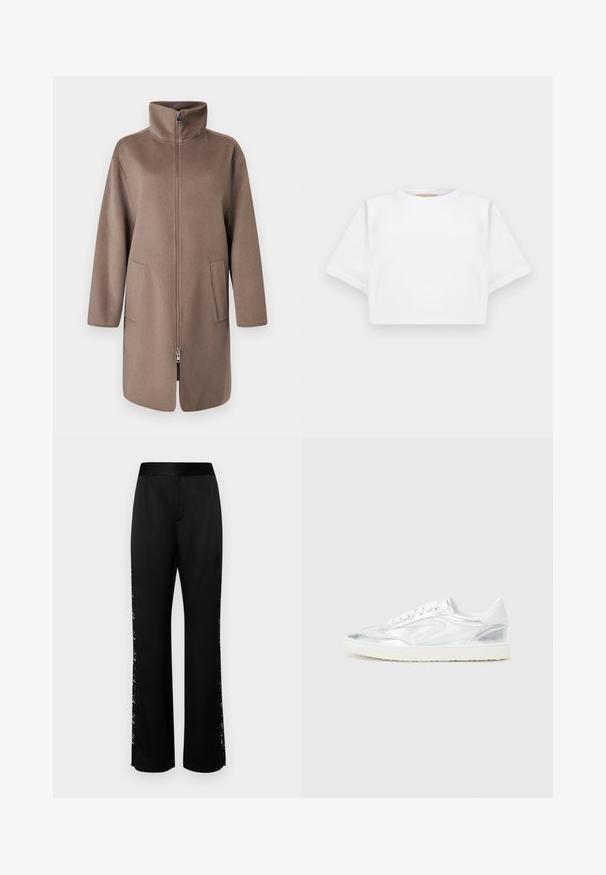 Brown, fleece coat with a high collar, front zipper, and two side pockets. Features a relaxed fit and mid-length design.; Cropped white t-shirt made of soft fabric, featuring short sleeves, a round neckline, and ribbed hem details. Simple and unembellished design.; Black trousers with a smooth, shiny texture, featuring lace accents along the sides. Wide-leg design, tailored waistband, and no visible pockets.; White sneakers with metallic silver accents, smooth texture, round toe, flat sole, and traditional lace-up design.