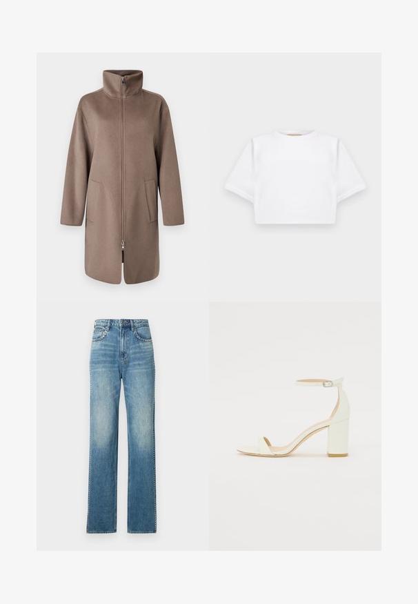 Smeđa vunena jakna s visokim ovratnikom, prednjim patentnim zatvaračem i dva bočna džepa. Ima opušteni kroj i srednju dužinu.; Skraćena bijela majica od mekog materijala, s kratkim rukavima, okruglim izrezom i rebrastim detaljima na rubu. Jednostavan i neukrašen dizajn.; Svijetloplavi traper široke nogavice s izblijedjelim završetkom, s pet džepova, kopčanjem na gumb i kontrastnim šavovima.; Bijela kožna sandala na blok petu s remenom oko zapešća i minimalističkim dizajnom. Otvoreni nos i glatke teksture kroz cijelu obuću.