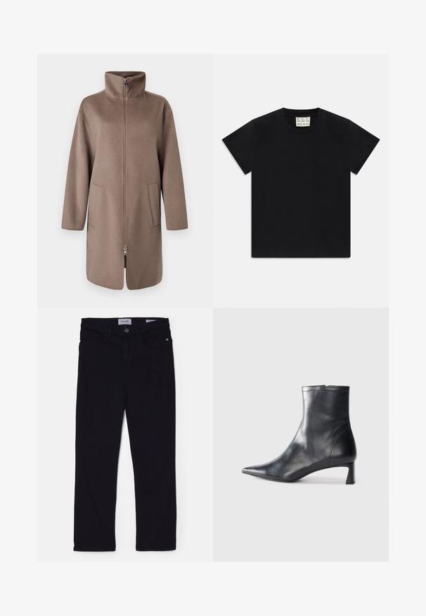 Smeđa vunena jakna s visokim ovratnikom, prednjim patentnim zatvaračem i dva bočna džepa. Ima opušteni kroj i srednju dužinu.; Crna kratka majica s okruglim izrezom i kratkim rukavima s bijelim oznakom unutar ovratnika na kojoj piše "D.R.C. EST. 2002" na bijeloj pozadini.; Crne traperice u slim fit kroju, s prednjim kopčanjem na gumb, petljama za remen i prednjim džepovima. Mekani materijal sa glatkom teksturom.; Crne kožne gležnjače s uskim vrhom i elegantnim dizajnom. Imaju niski potpetak i zatvaranje na patentni zatvarač straga. Glatka tekstura.