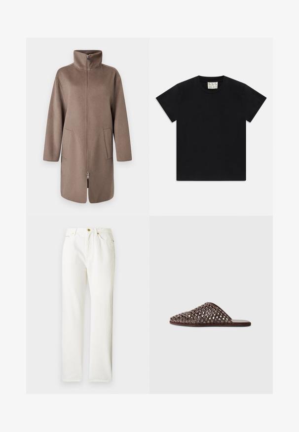 Manteau en polaire brun avec un col montant, fermeture éclair sur le devant et deux poches latérales. Présente une coupe décontractée et un design mi-long.; T-shirt noir à manches courtes avec col rond, portant une étiquette blanche à l'intérieur du col étiquetée "D.R.C. EST. 2002" sur fond blanc.; Pantalons en denim blanc avec une coupe droite, dotés d'une fermeture à bouton sur le devant et d'une texture subtile. Comprend des poches latérales et un matériel minimal.; Sandale glissière tissée marron avec une pointe arrondie, un design ouvert, une semelle plate et une surface texturée. Matériau léger et silhouette minimaliste.